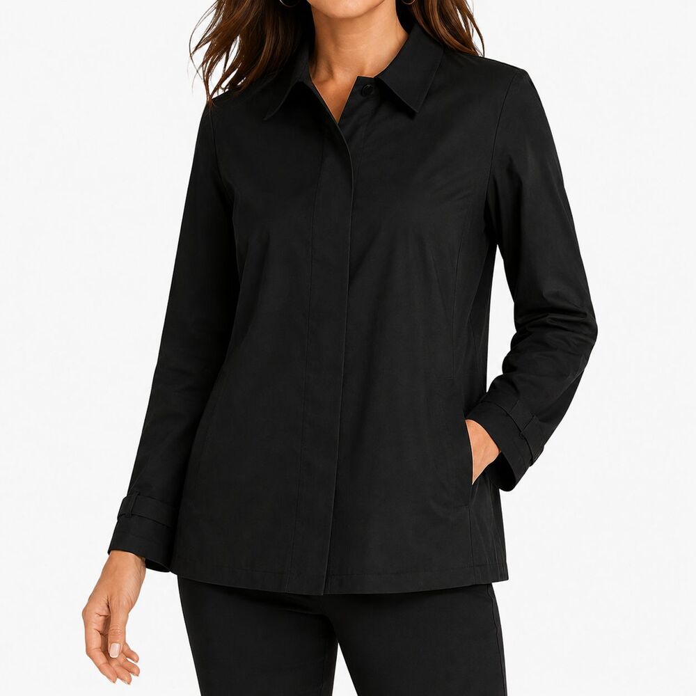 Norma Kamali Womens Jacket 6 Black Stretch Cotton Hidden Button Trench Career